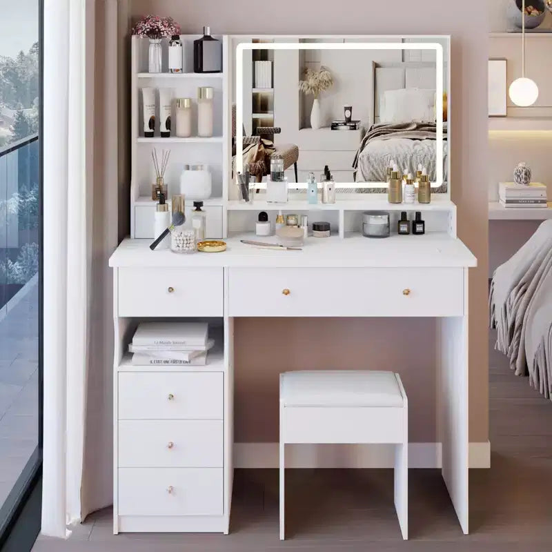 Coiffeuse de maquillage avec miroir et lumières LED, ensemble de table de maquillage avec 6 tiroirs, étagères ouvertes et tabouret rembourré