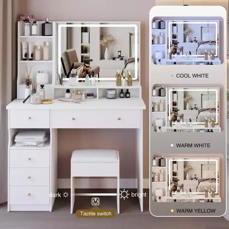 Coiffeuse de maquillage avec miroir et lumières LED, ensemble de table de maquillage avec 6 tiroirs, étagères ouvertes et tabouret rembourré