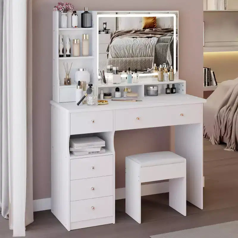 Coiffeuse de maquillage avec miroir et lumières LED, ensemble de table de maquillage avec 6 tiroirs, étagères ouvertes et tabouret rembourré