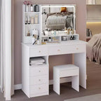 Coiffeuse de maquillage avec miroir et lumières LED, ensemble de table de maquillage avec 6 tiroirs, étagères ouvertes et tabouret rembourré