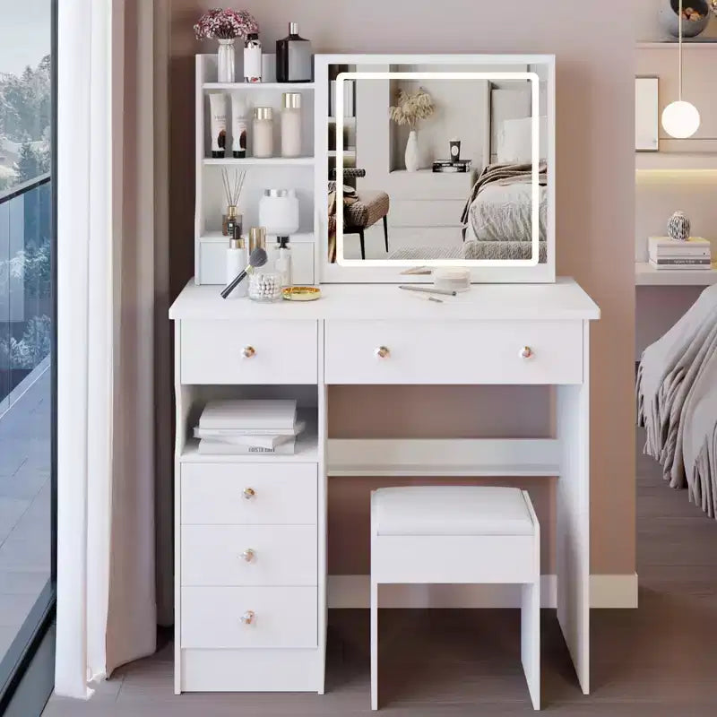 Coiffeuse de maquillage avec miroir et lumières LED, ensemble de table de maquillage avec 6 tiroirs, étagères ouvertes et tabouret rembourré