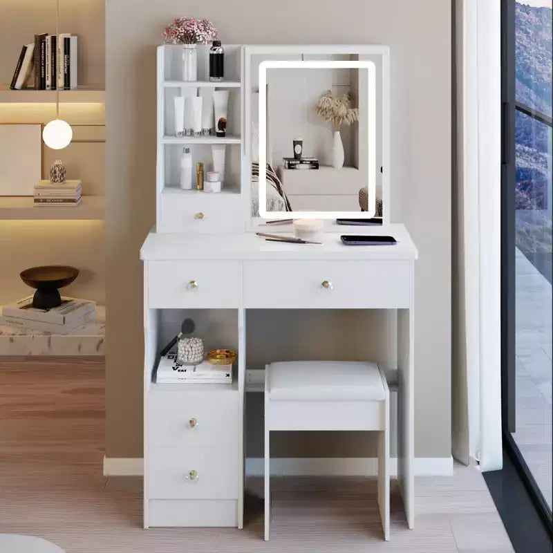 Coiffeuse de maquillage avec miroir et lumières LED, ensemble de table de maquillage avec 6 tiroirs, étagères ouvertes et tabouret rembourré