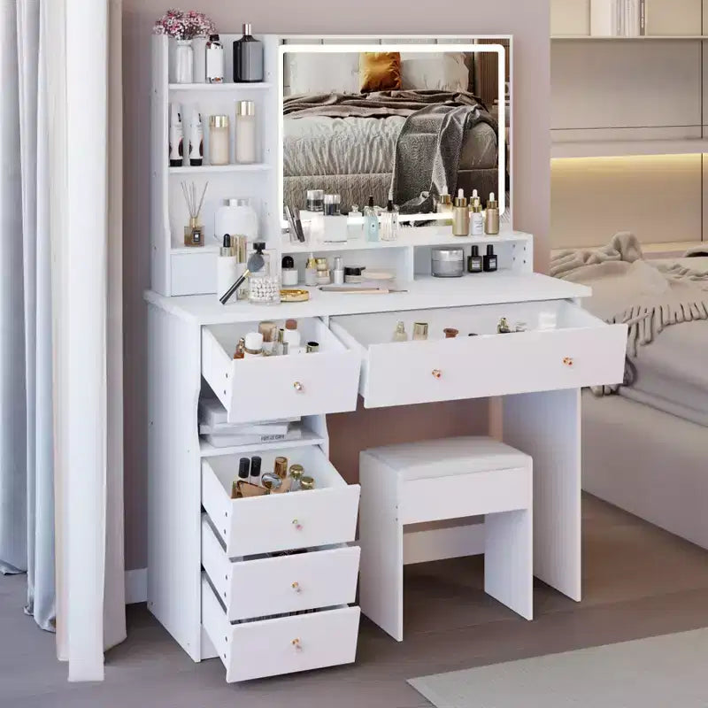 Coiffeuse de maquillage avec miroir et lumières LED, ensemble de table de maquillage avec 6 tiroirs, étagères ouvertes et tabouret rembourré