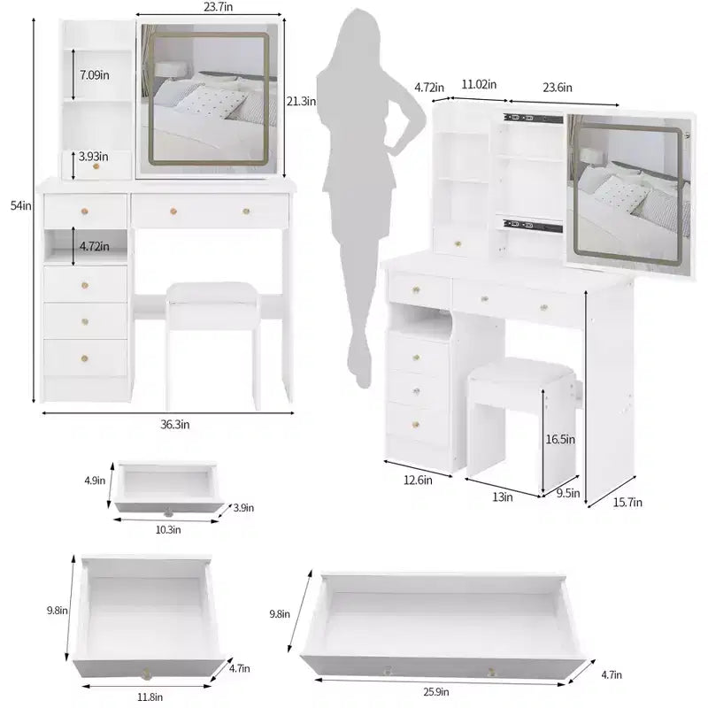 Coiffeuse de maquillage avec miroir et lumières LED, ensemble de table de maquillage avec 6 tiroirs, étagères ouvertes et tabouret rembourré