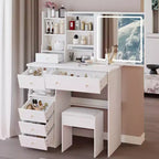 Coiffeuse de maquillage avec miroir et lumières LED, ensemble de table de maquillage avec 6 tiroirs, étagères ouvertes et tabouret rembourré