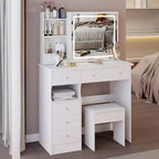 Coiffeuse de maquillage avec miroir et lumières LED, ensemble de table de maquillage avec 6 tiroirs, étagères ouvertes et tabouret rembourré