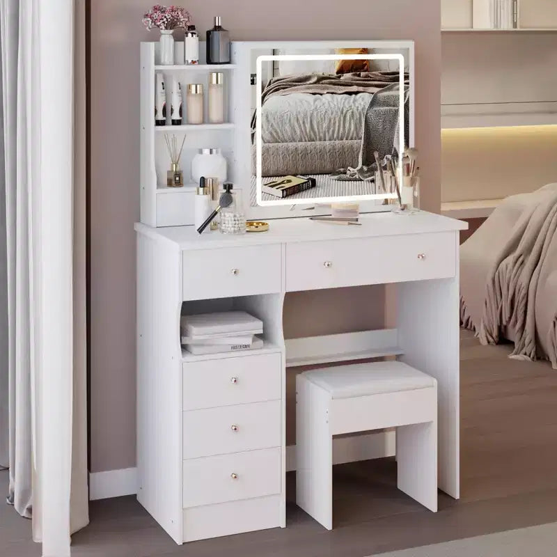 Coiffeuse de maquillage avec miroir et lumières LED, ensemble de table de maquillage avec 6 tiroirs, étagères ouvertes et tabouret rembourré