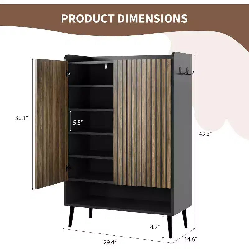 COZONY Grand meuble à chaussures avec portes, organisateur de chaussures à 6 niveaux avec crochets de rangement, meuble de rangement autonome pour entrée, couloir, salon