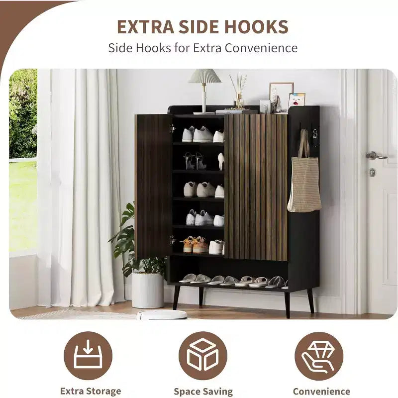 COZONY Grand meuble à chaussures avec portes, organisateur de chaussures à 6 niveaux avec crochets de rangement, meuble de rangement autonome pour entrée, couloir, salon