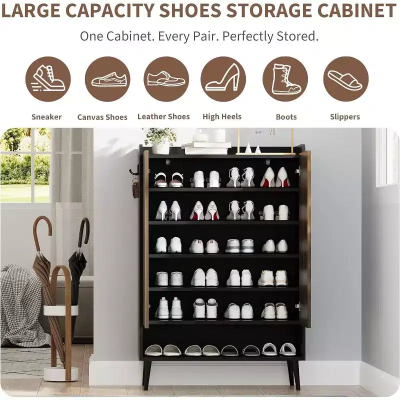 COZONY Grand meuble à chaussures avec portes, organisateur de chaussures à 6 niveaux avec crochets de rangement, meuble de rangement autonome pour entrée, couloir, salon