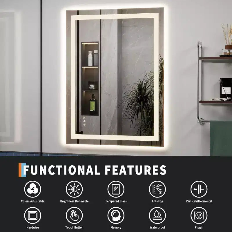 Miroir de courtoisie de salle de bain LED 40x32 - Double éclairage avant et arrière, anti-buée, intensité variable, miroir mural lumineux