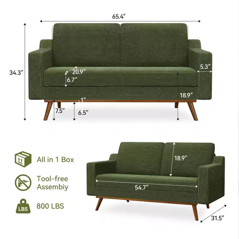 Dyonery 65.4 Canapé causeuse confortable pour salon, petit canapé moderne du milieu du siècle avec coussin à ressorts, cadre en bois massif, assemblage sans outils