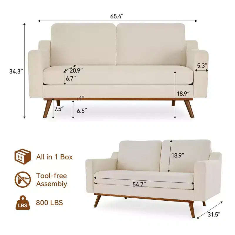 Dyonery 65.4 Canapé causeuse confortable pour salon, petit canapé moderne du milieu du siècle avec coussin à ressorts, cadre en bois massif, assemblage sans outils