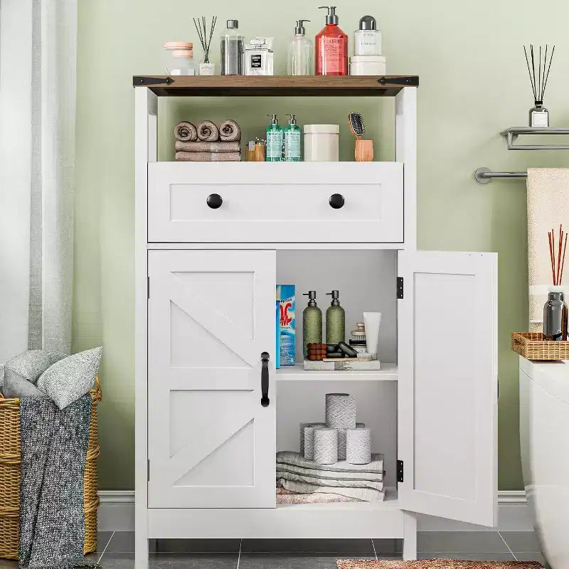 Meuble de Rangement Salle de Bain Dcolora avec Portes Coulissantes Type Grange et Tiroirs