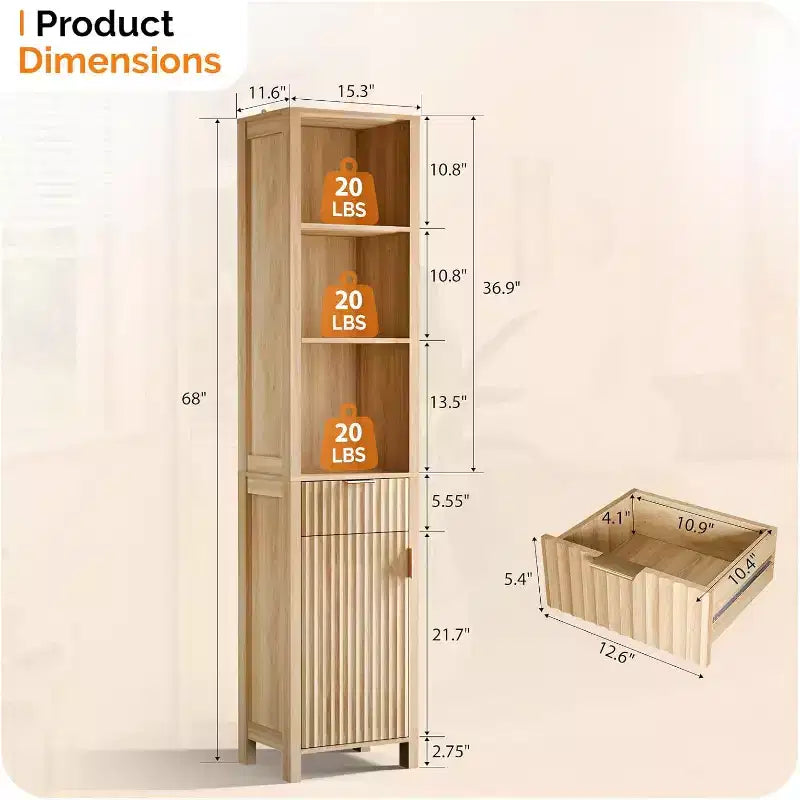 Meuble de rangement étroit Dcolora pour salle de bain avec 1 porte cannelée et tiroir
