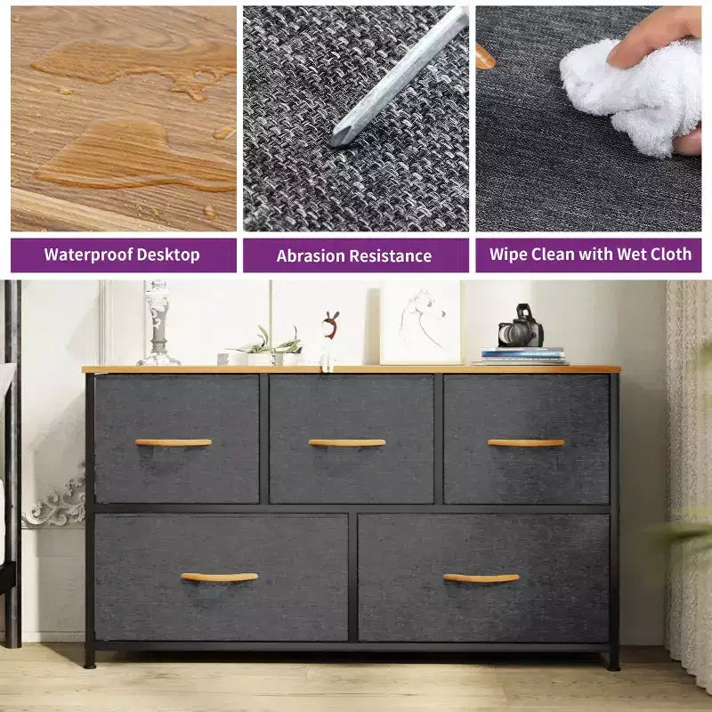 Commode de chambre à 5 tiroirs, commode de rangement en tissu pour placard, salon
