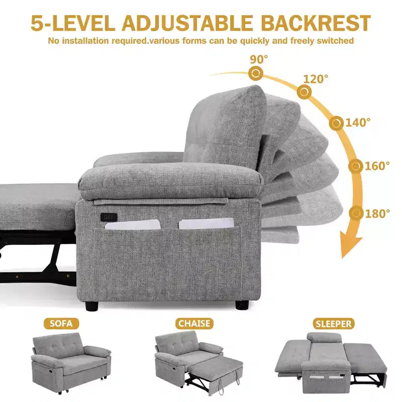 Canapé-lit Dyonery 58,2 po avec lit gigogne, causeuse convertible 3-en-1 avec port USB/dossier inclinable/poche latérale, assemblage sans outils