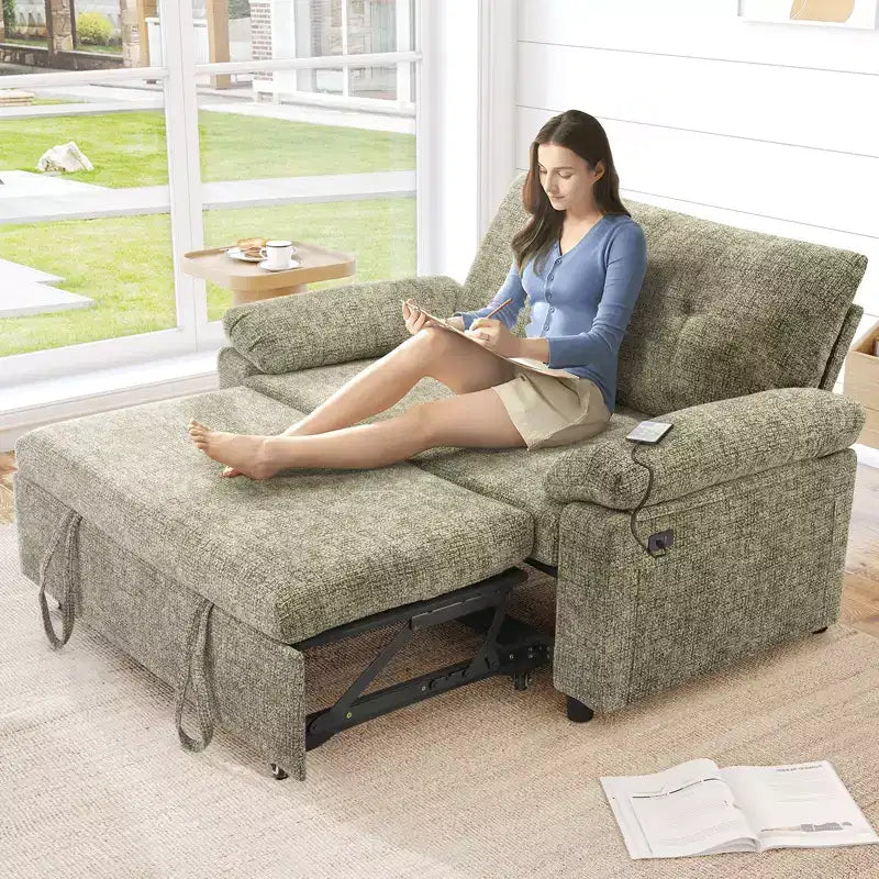 Canapé-lit Dyonery 58,2 po avec lit gigogne, causeuse convertible 3-en-1 avec port USB/dossier inclinable/poche latérale, assemblage sans outils