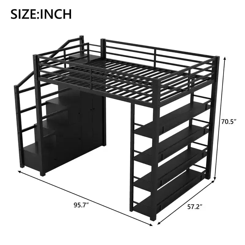 Bellemave Lit mezzanine complet avec étagères de rangement et armoires, cadre de lit mezzanine en métal avec escaliers de rangement et armoire pour adolescents et adultes, noir