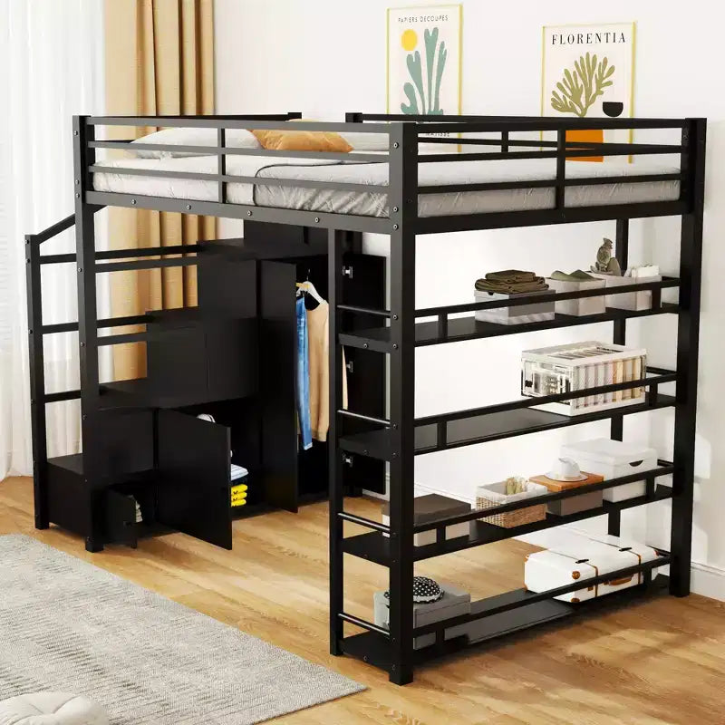Bellemave Lit mezzanine complet avec étagères de rangement et armoires, cadre de lit mezzanine en métal avec escaliers de rangement et armoire pour adolescents et adultes, noir