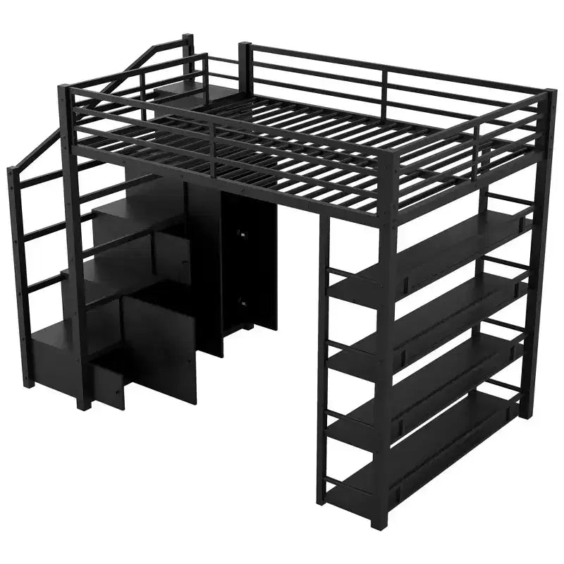 Bellemave Lit mezzanine complet avec étagères de rangement et armoires, cadre de lit mezzanine en métal avec escaliers de rangement et armoire pour adolescents et adultes, noir