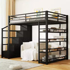Bellemave Lit mezzanine complet avec étagères de rangement et armoires, cadre de lit mezzanine en métal avec escaliers de rangement et armoire pour adolescents et adultes, noir