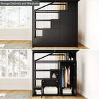 Bellemave Lit mezzanine complet avec étagères de rangement et armoires, cadre de lit mezzanine en métal avec escaliers de rangement et armoire pour adolescents et adultes, noir