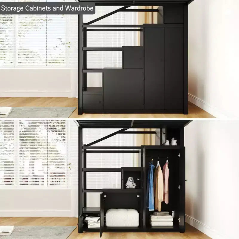 Bellemave Lit mezzanine complet avec étagères de rangement et armoires, cadre de lit mezzanine en métal avec escaliers de rangement et armoire pour adolescents et adultes, noir