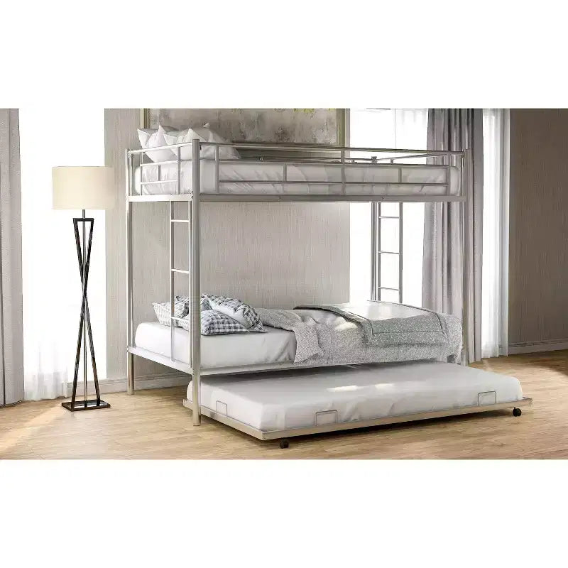 Lit superposé métallique Bellemave Twin Over Twin avec lit gigogne, échelle et garde-corps pour enfants, adolescents et adultes, sans sommier, argent