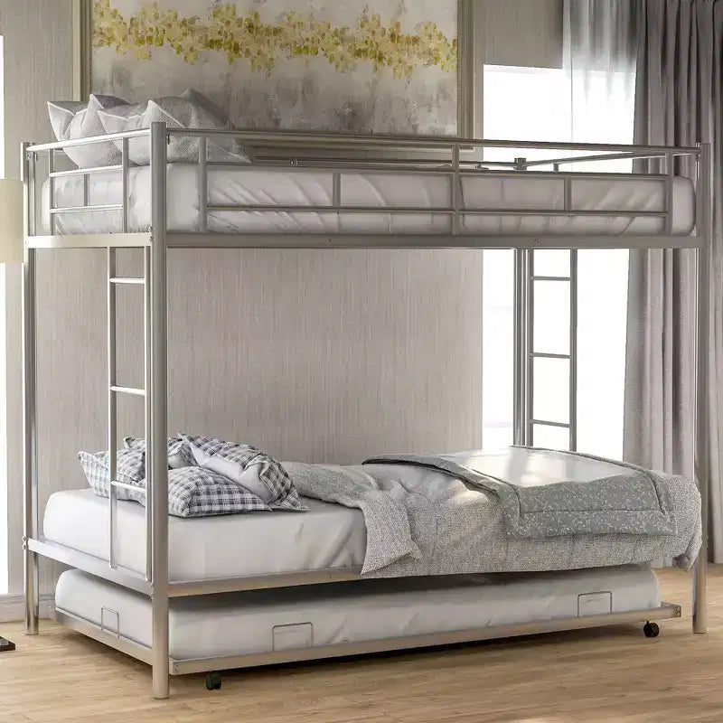 Lit superposé métallique Bellemave Twin Over Twin avec lit gigogne, échelle et garde-corps pour enfants, adolescents et adultes, sans sommier, argent
