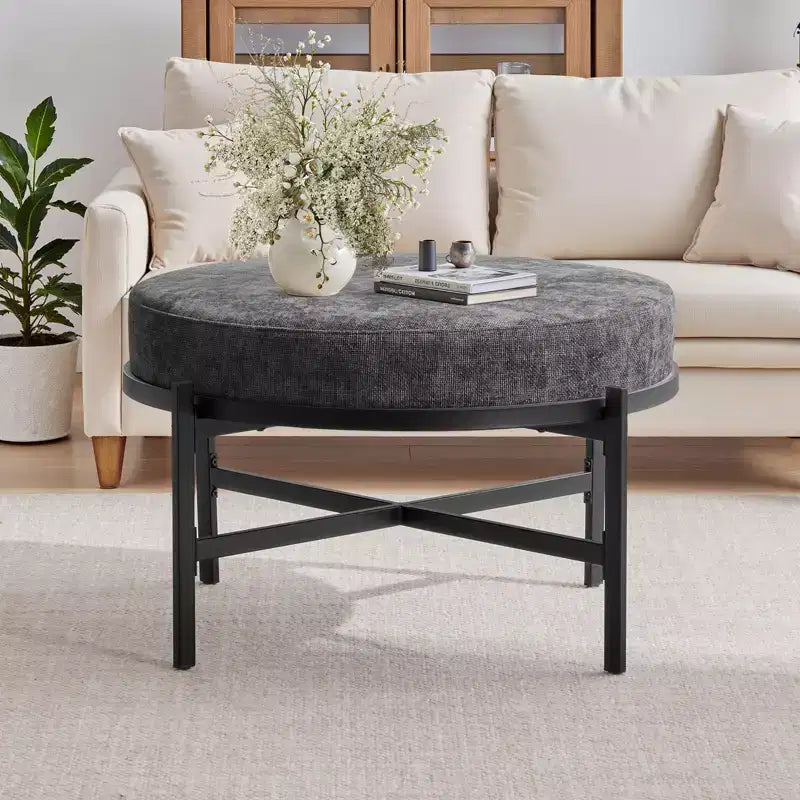 Bekrvio Pouf de rangement rond 4,5, table basse et repose-pieds en tissu chenille pour salon avec pieds en métal et pieds réglables