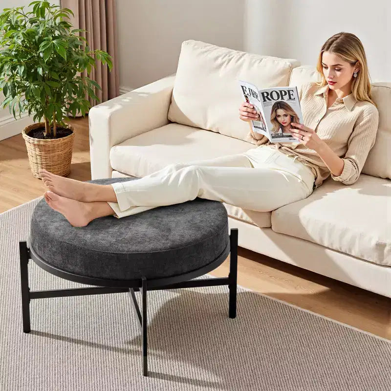 Bekrvio Pouf de rangement rond 4,5, table basse et repose-pieds en tissu chenille pour salon avec pieds en métal et pieds réglables