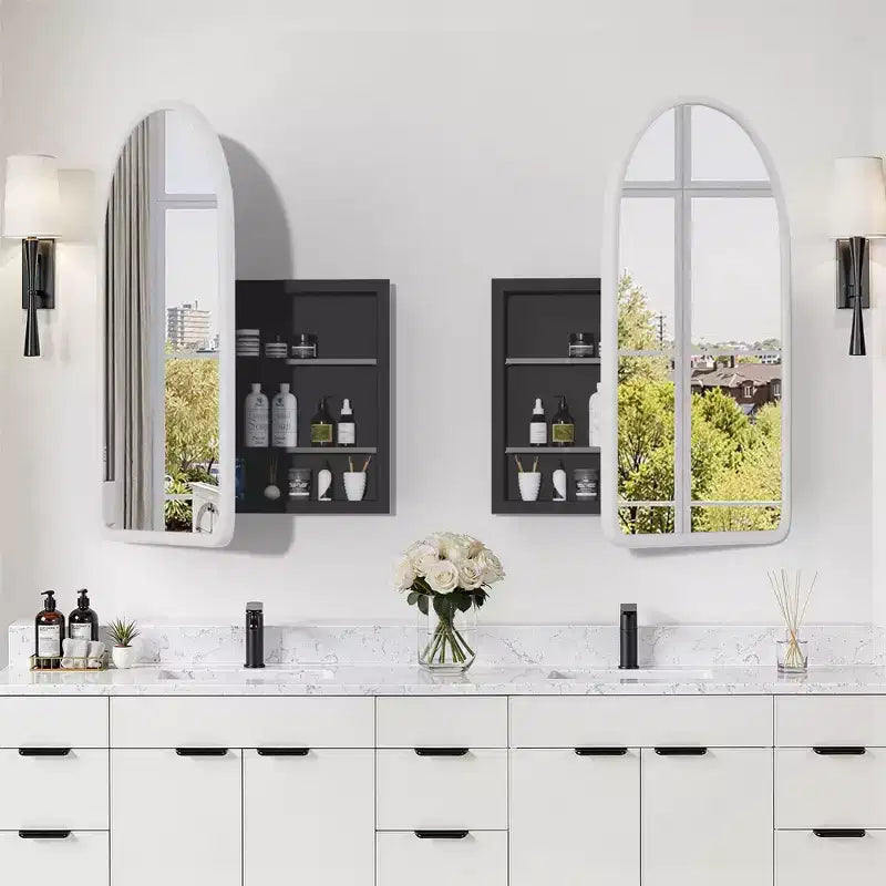 PexFix Armoire de toilette de salle de bain blanche arquée 35,8 x 24 avec miroir, murale encastrée en bois avec 2 étagères pour lavabo de salle de bain