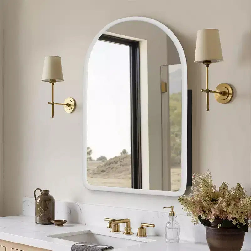 PexFix Armoire de toilette de salle de bain blanche arquée 35,8 x 24 avec miroir, murale encastrée en bois avec 2 étagères pour lavabo de salle de bain
