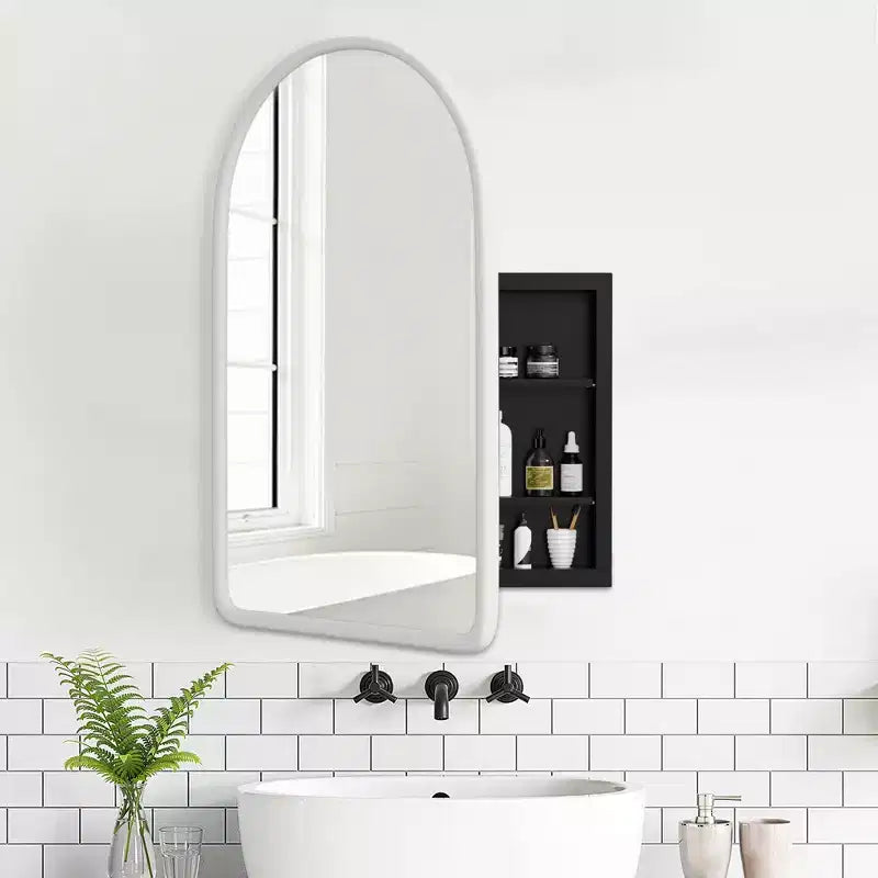 PexFix Armoire de toilette de salle de bain blanche arquée 35,8 x 24 avec miroir, murale encastrée en bois avec 2 étagères pour lavabo de salle de bain