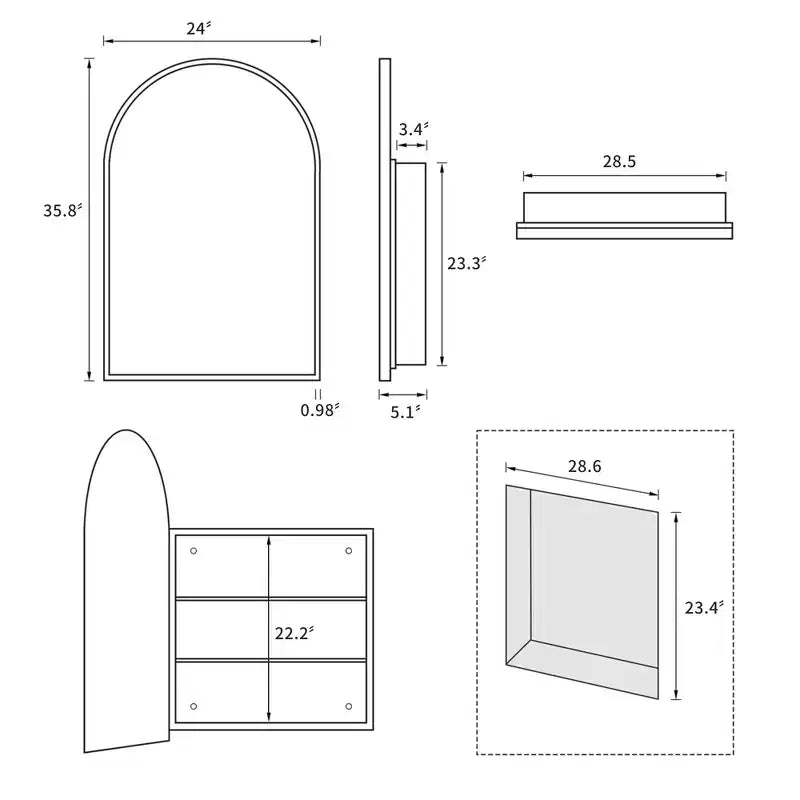 PexFix Armoire de toilette de salle de bain blanche arquée 35,8 x 24 avec miroir, murale encastrée en bois avec 2 étagères pour lavabo de salle de bain