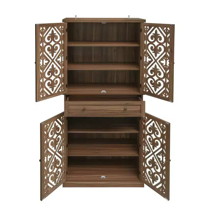 Meuble de rangement haut Okak avec 4 portes en rotin/sculptées, meuble de rangement avec 1 tiroir et 4 étagères intérieures réglables, meuble d'appoint pour salon, chambre à coucher