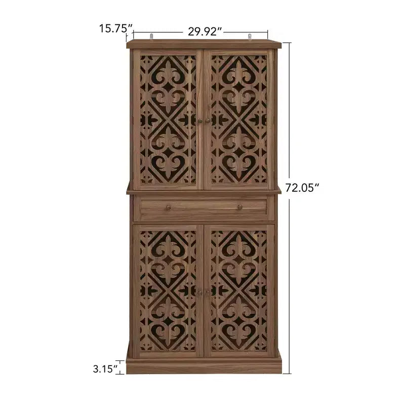 Meuble de rangement haut Okak avec 4 portes en rotin/sculptées, meuble de rangement avec 1 tiroir et 4 étagères intérieures réglables, meuble d'appoint pour salon, chambre à coucher