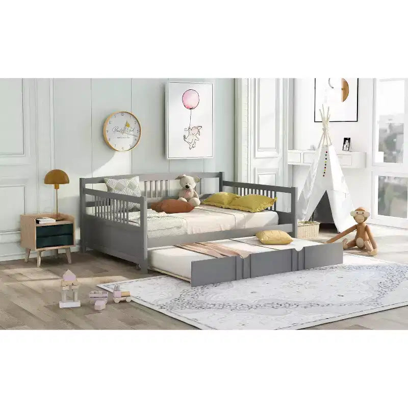 Lit double Bellemave avec lit gigogne simple, cadre de lit plateforme en bois avec barrières de protection, lit de repos pour chambre/salon, sans sommier à ressorts, gris