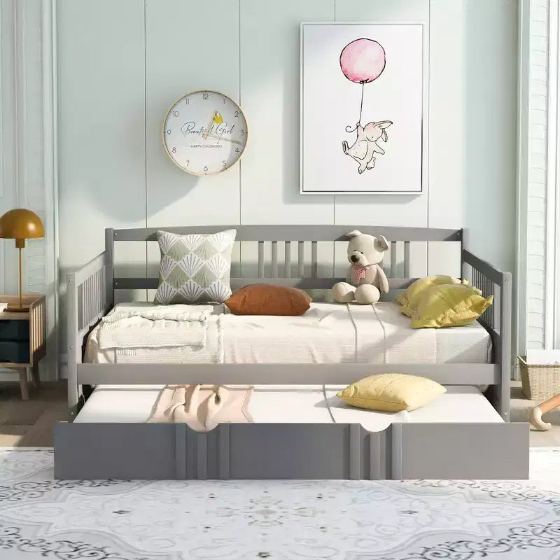 Lit double Bellemave avec lit gigogne simple, cadre de lit plateforme en bois avec barrières de protection, lit de repos pour chambre/salon, sans sommier à ressorts, gris