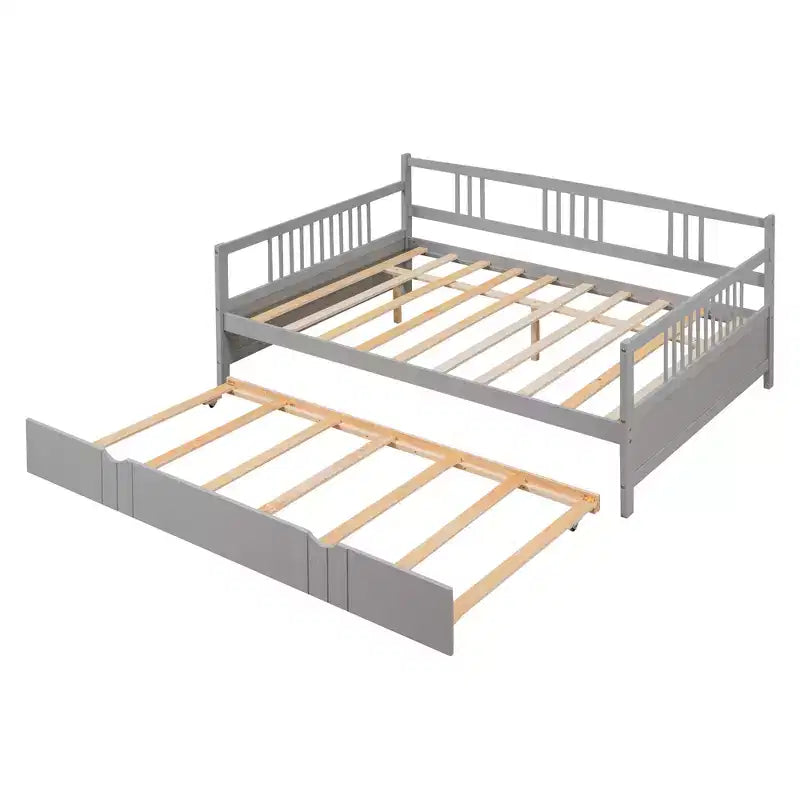 Lit double Bellemave avec lit gigogne simple, cadre de lit plateforme en bois avec barrières de protection, lit de repos pour chambre/salon, sans sommier à ressorts, gris