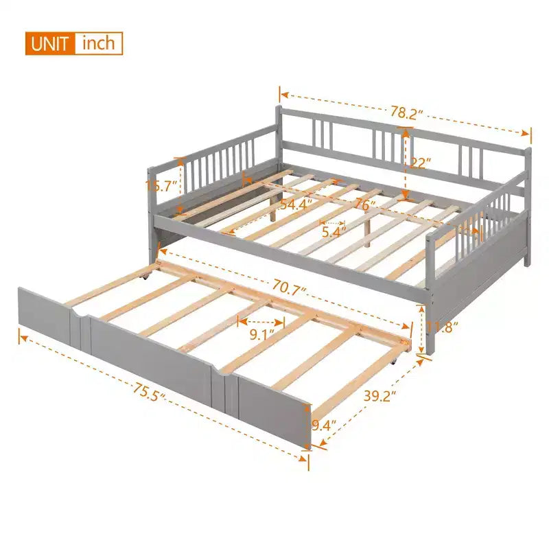 Lit double Bellemave avec lit gigogne simple, cadre de lit plateforme en bois avec barrières de protection, lit de repos pour chambre/salon, sans sommier à ressorts, gris