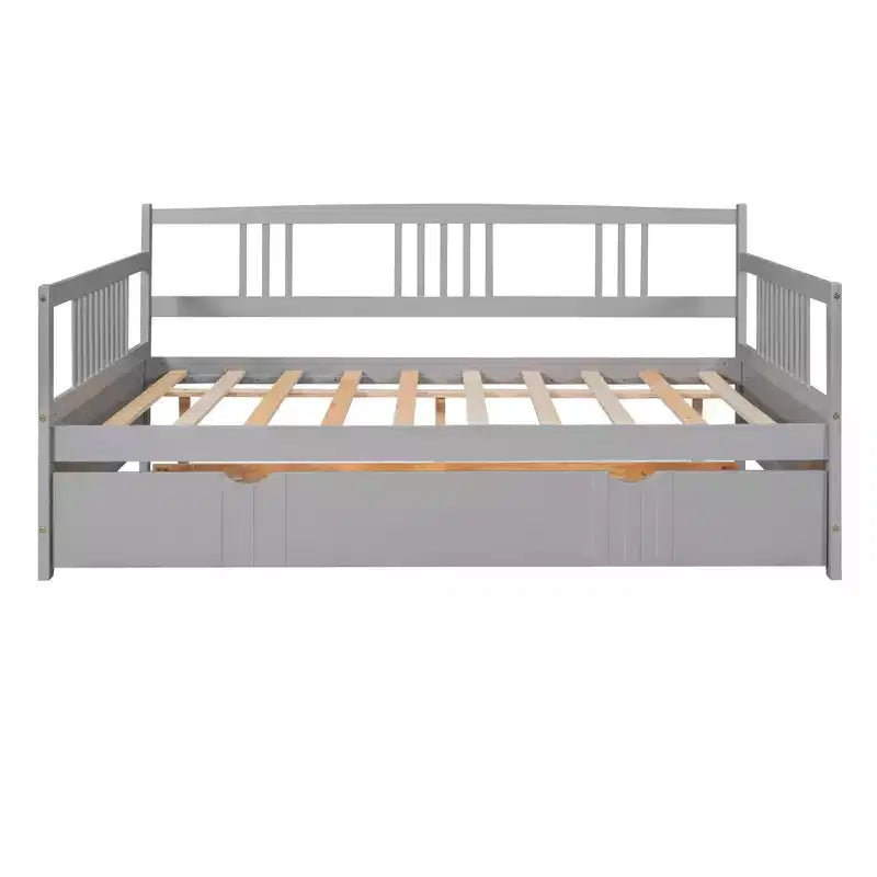 Lit double Bellemave avec lit gigogne simple, cadre de lit plateforme en bois avec barrières de protection, lit de repos pour chambre/salon, sans sommier à ressorts, gris
