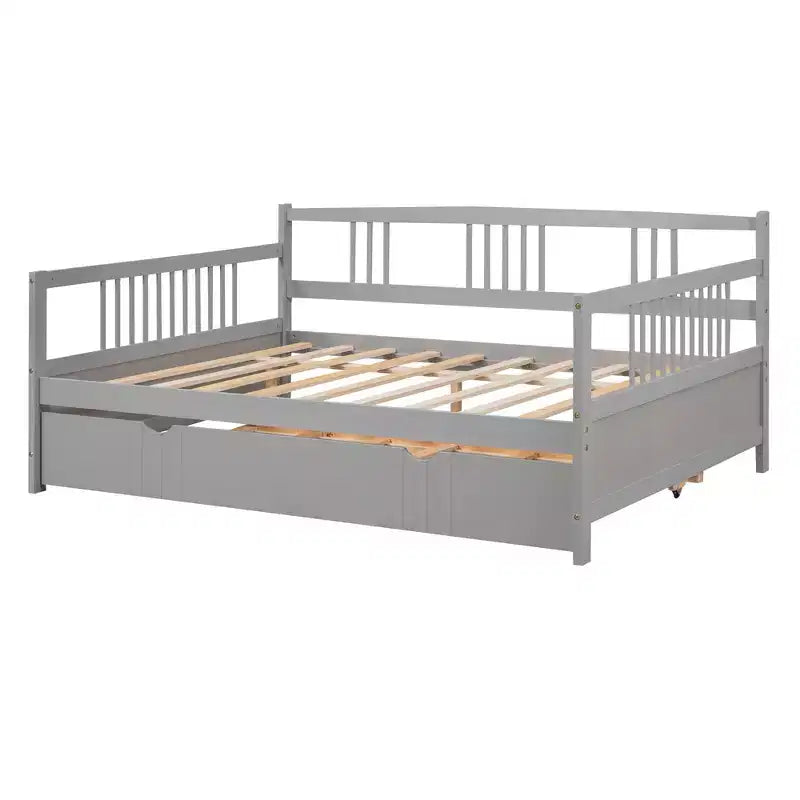 Lit double Bellemave avec lit gigogne simple, cadre de lit plateforme en bois avec barrières de protection, lit de repos pour chambre/salon, sans sommier à ressorts, gris