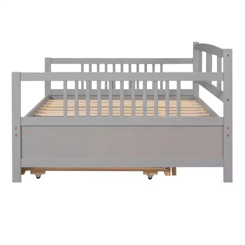 Lit double Bellemave avec lit gigogne simple, cadre de lit plateforme en bois avec barrières de protection, lit de repos pour chambre/salon, sans sommier à ressorts, gris