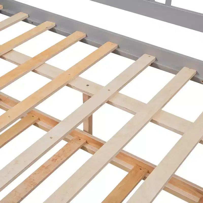 Lit double Bellemave avec lit gigogne simple, cadre de lit plateforme en bois avec barrières de protection, lit de repos pour chambre/salon, sans sommier à ressorts, gris