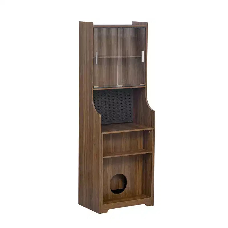 Bureau d'ordinateur pliable avec niche pour animaux et étagères, doté d'une planche perforée et incluant un couchage pour chat et un griffoir, coloris Noyer - ModernLuxe