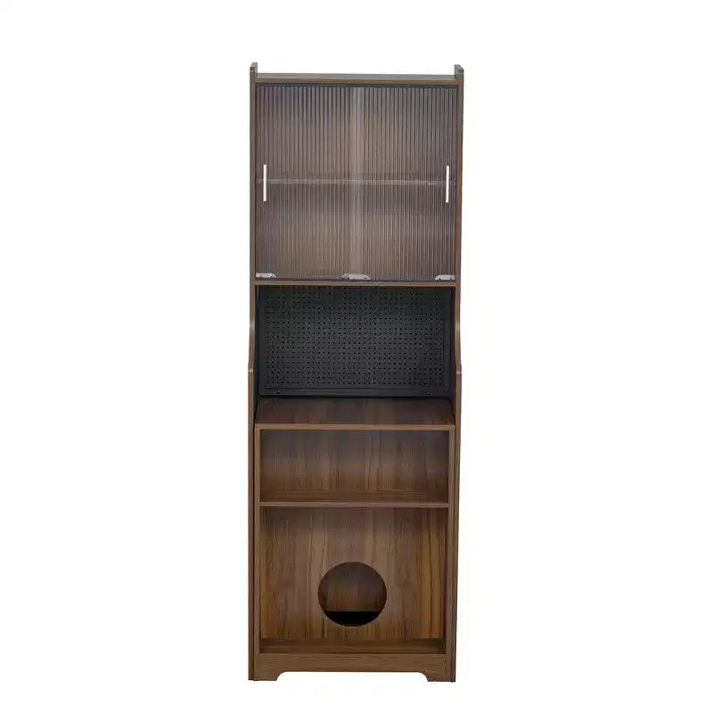Bureau d'ordinateur pliable avec niche pour animaux et étagères, doté d'une planche perforée et incluant un couchage pour chat et un griffoir, coloris Noyer - ModernLuxe