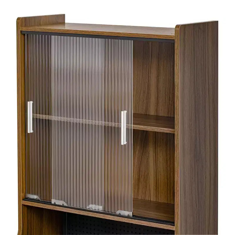 Bureau d'ordinateur pliable avec niche pour animaux et étagères, doté d'une planche perforée et incluant un couchage pour chat et un griffoir, coloris Noyer - ModernLuxe