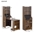 Bureau d'ordinateur pliable avec niche pour animaux et étagères, doté d'une planche perforée et incluant un couchage pour chat et un griffoir, coloris Noyer - ModernLuxe